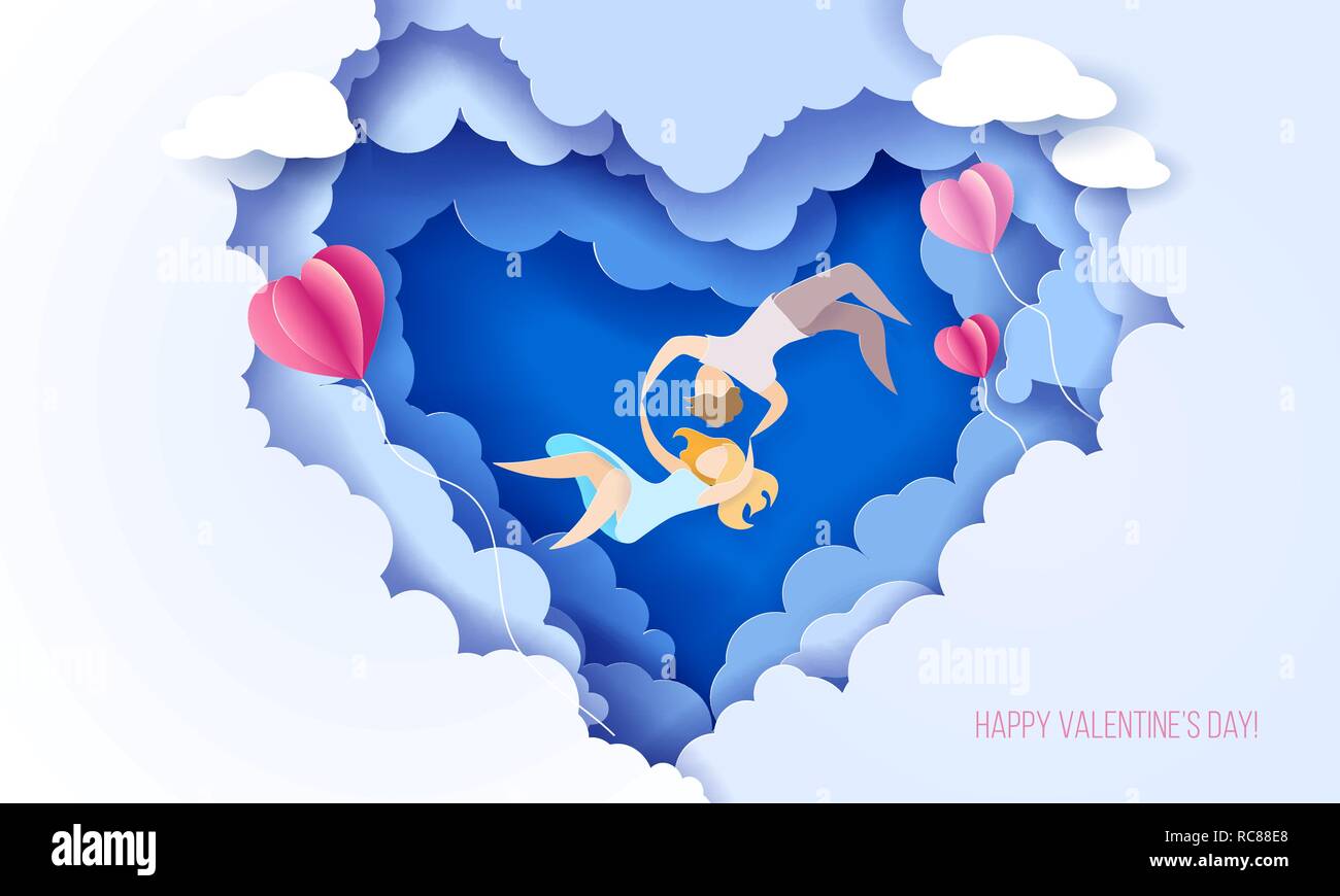 Valentines day card with couple holding handsand fall in love on sky blue background with heart shaped clouds. Vector paper art illustration. Paper cut and craft style. Stock Vector