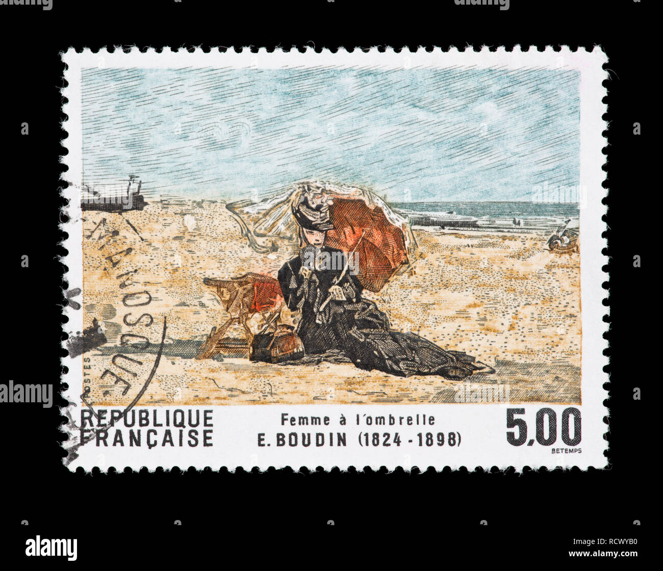 Postage stamp from France depicting the Eugene Boudin painting Woman with Parasol Stock Photo