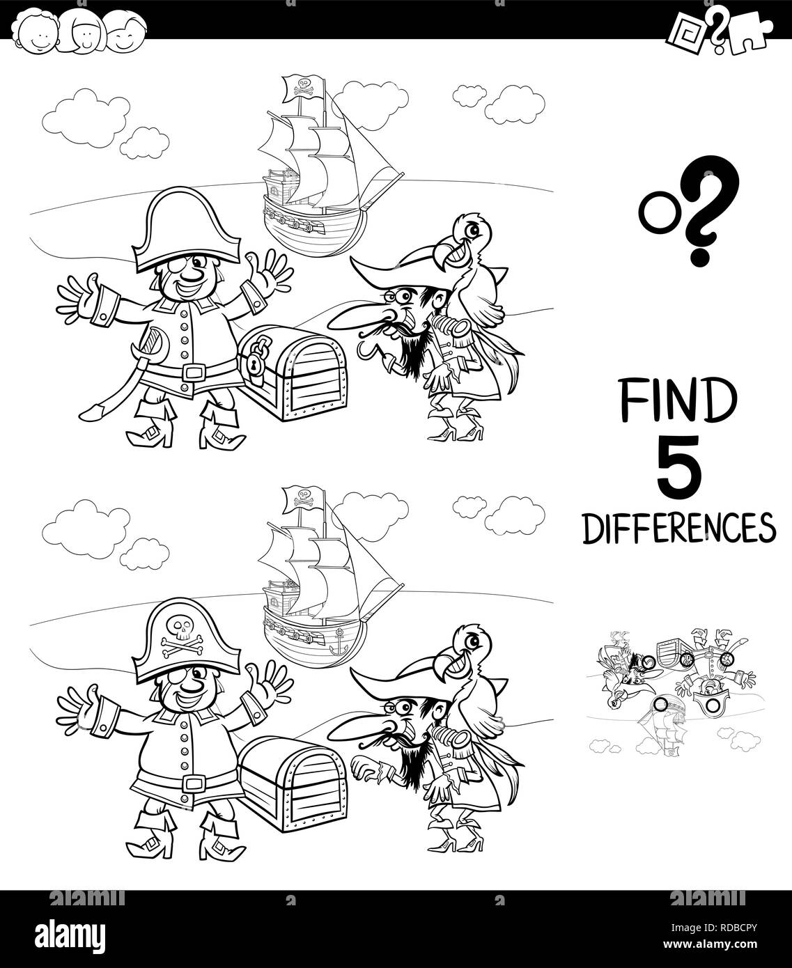 Black and White Cartoon Illustration of Finding Five Differences ...