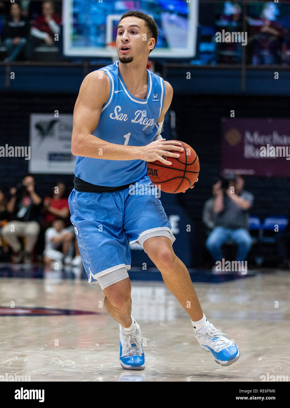 McKeon Pavilion Moraga Calif, USA. 19th Jan, 2019. U.S.A. San Diego guard Tyler Williams (1) drives to the basket during the NCAA Men's Basketball game between San Diego Toreros and the Saint Mary's Gaels 59-76 lost at McKeon Pavilion Moraga Calif. Thurman James/CSM/Alamy Live News Stock Photo