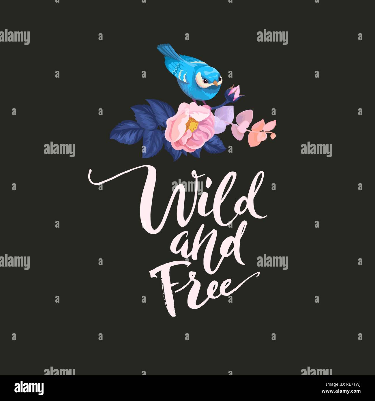 Hand drawn hipster creative typographic poster poster with blue little bird. Wild and free. T-shirt design, label, decor elements, greeting and postal cards. Eco print Stock Vector