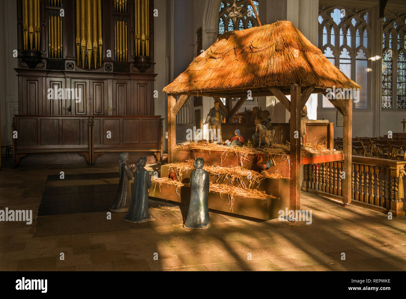 Thaxted Church, Thaxted Essex. January 2019. Three Kings or wise men at the Nativity. Melchior also Melichior), a Persian scholar; Caspar also Gaspar, Stock Photo