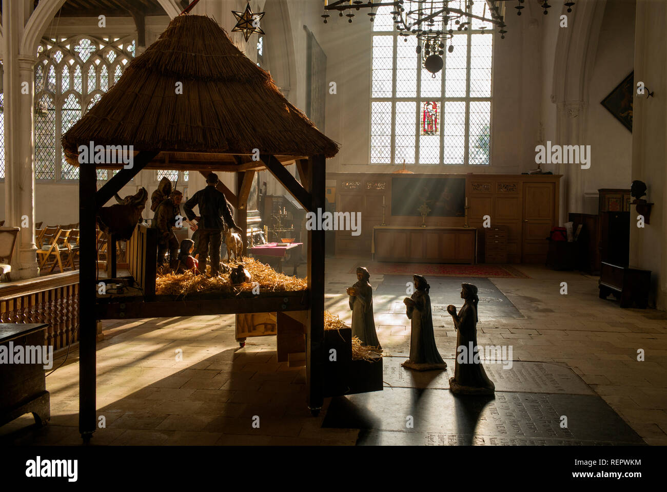 Thaxted Church, Thaxted Essex. January 2019. Three Kings or wise men at the Nativity. Melchior also Melichior), a Persian scholar; Caspar also Gaspar, Stock Photo