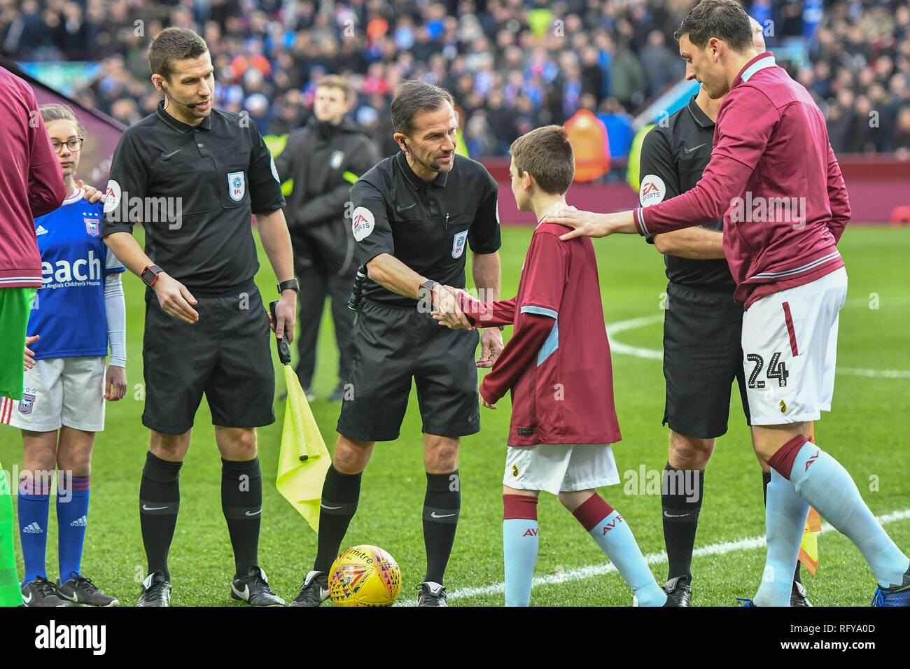 26th January, Villa Park, Birmingham, England ; Sky Bet Championship, Aston Villa vs Ipswich Town : Keith Stroud todays match official greets the home team.  Credit: Gareth Dalley/News Images  English Football League images are subject to DataCo Licence Stock Photo