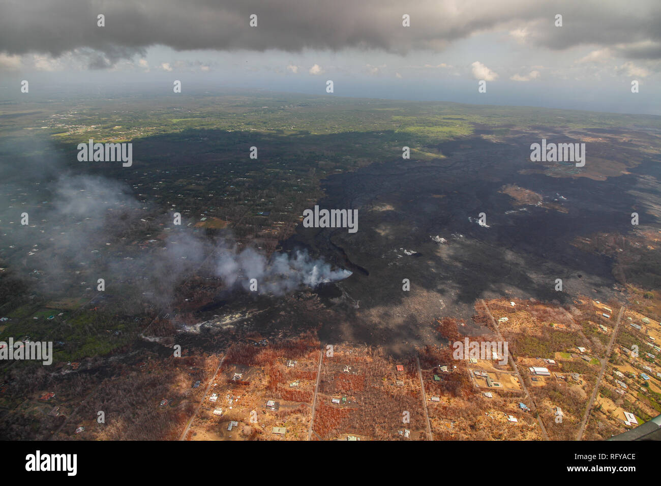 Bird view image showing Big Island, Hawaii, at the Volcano National Park after the volcano disruption of 2018 Stock Photo