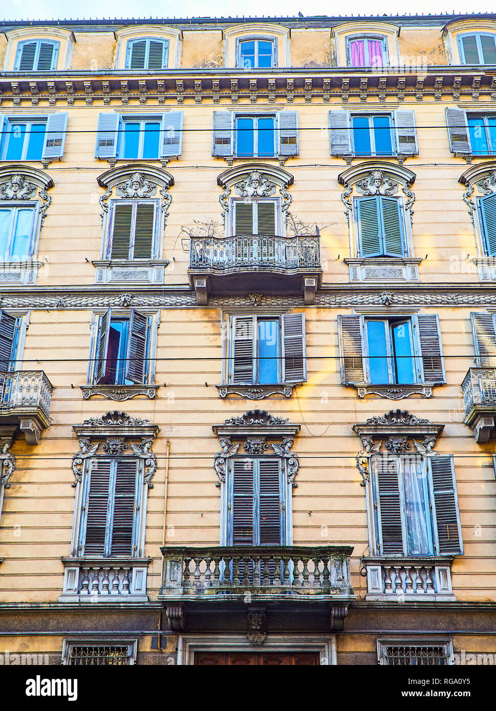 Neoclassical facade of a typical European building. Turin, Piedmont, Italy. Stock Photo