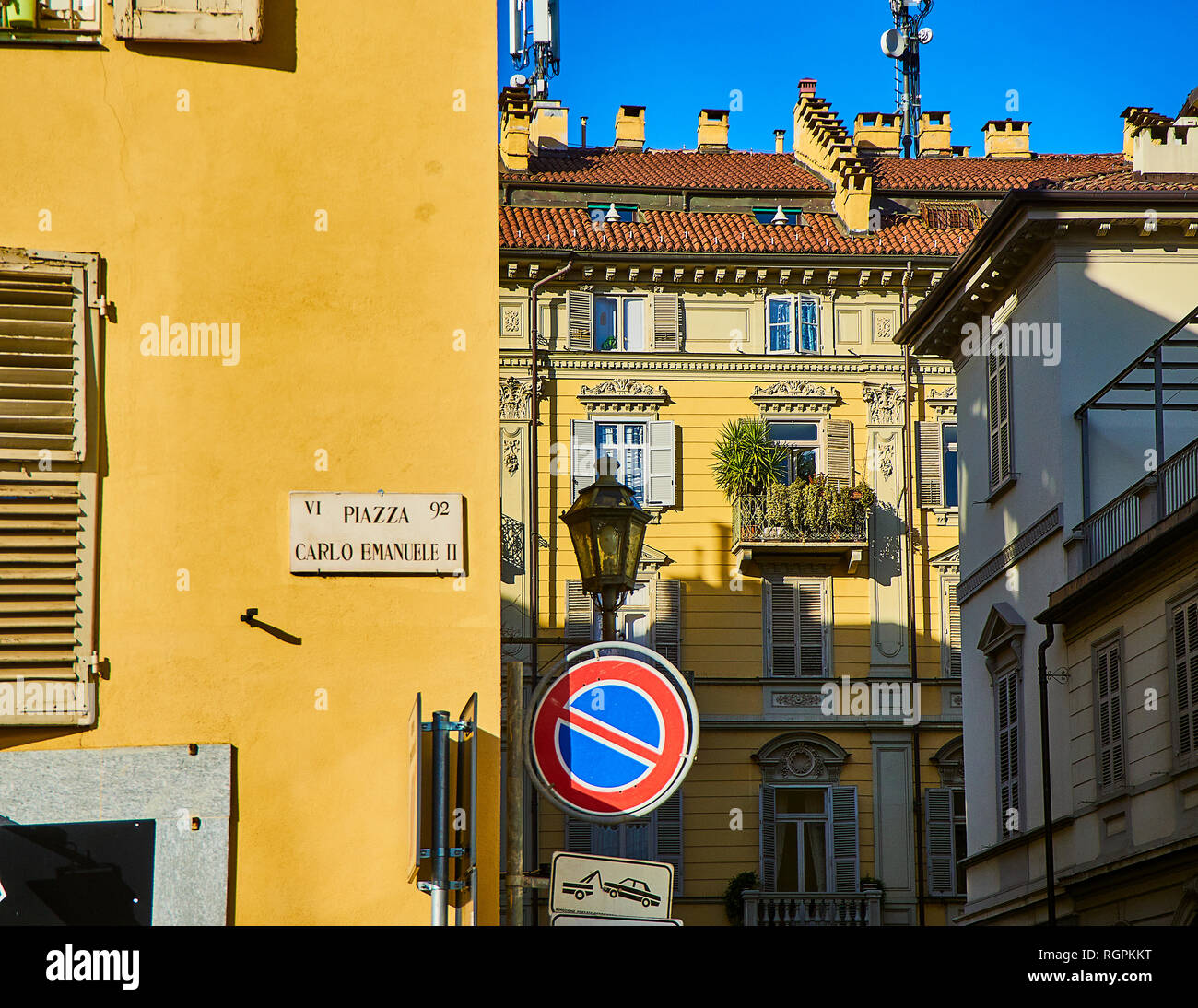 Neoclassical facade of a typical European building. Turin, Piedmont, Italy. Stock Photo