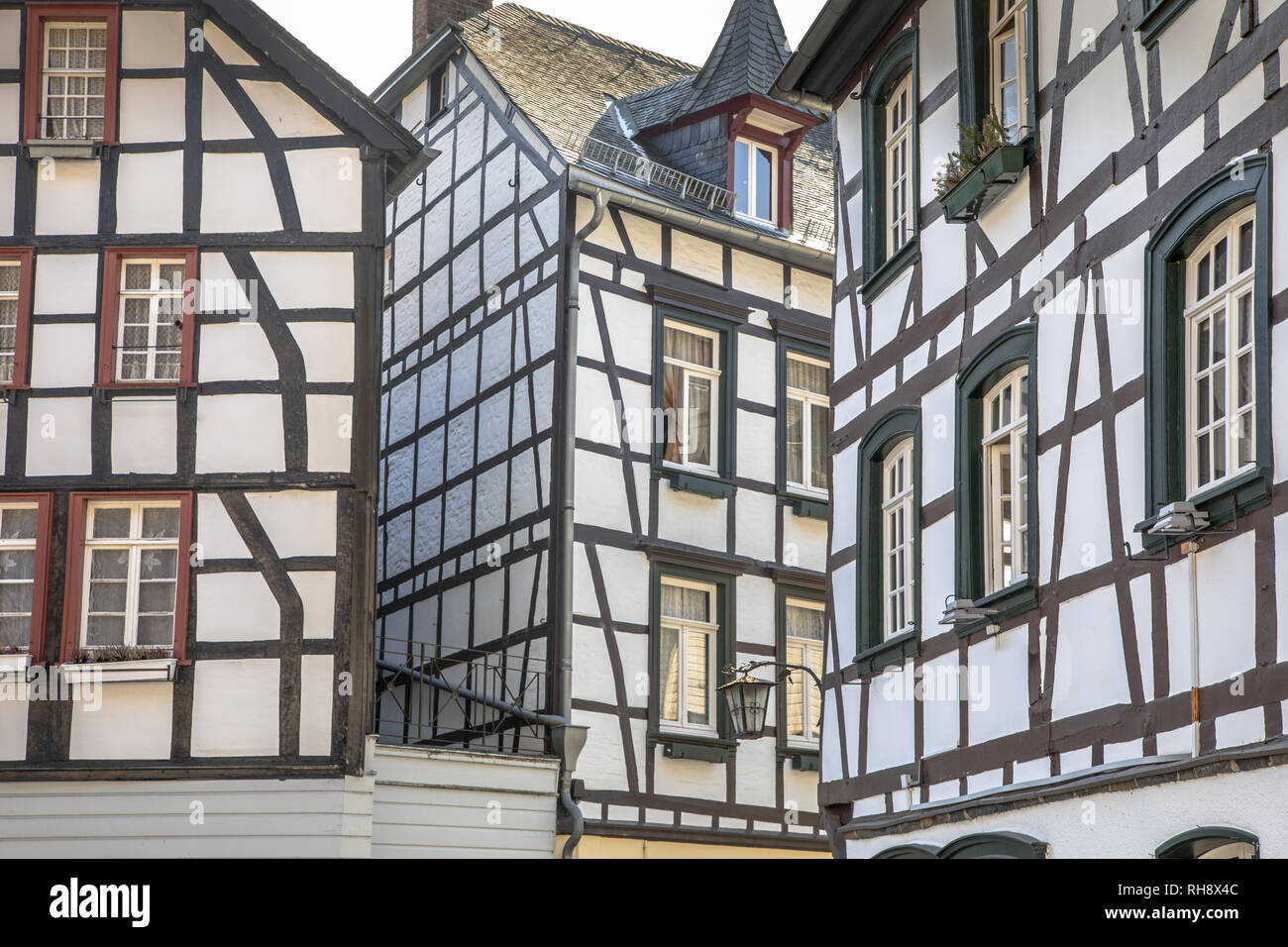 Composition of Facades of Fachwerk medievel building style in Monschau, Eifel Germany Stock Photo