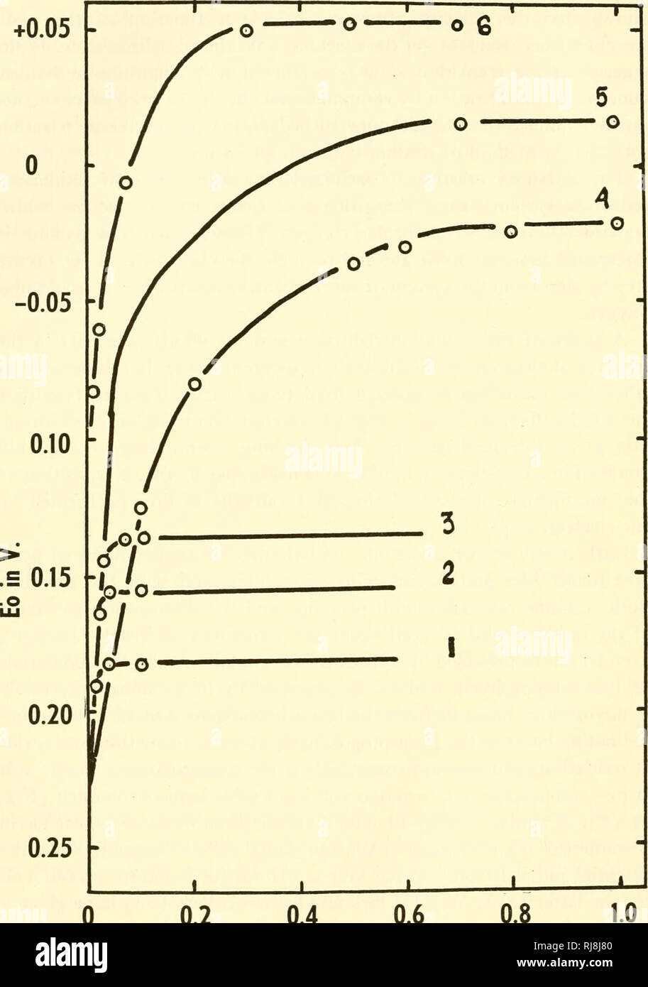 . The chemistry and physiology of growth. Growth; Biochemistry. +0.05 -. 0.25 - 0.2 0.4 0.6 0.8 M/L of Nitrogenous Substance Figure 3. The oxidation-reduction potentials of hemin and of some of its hemo- chromogens. The influences of the concentration of the following nitrogenous sub- stances: (i) cyanide-hemochromogen; (2) pilocarpine-hemochromogen; (3) histidine hemochromogen; (4) a-picoline-hemochromogen; (5) pyridine-hemochromogen; (6) nicotine-hemochromogen. From Barron, /. Biol. Chem., 121, 285, 1937.. Please note that these images are extracted from scanned page images that may have bee Stock Photo