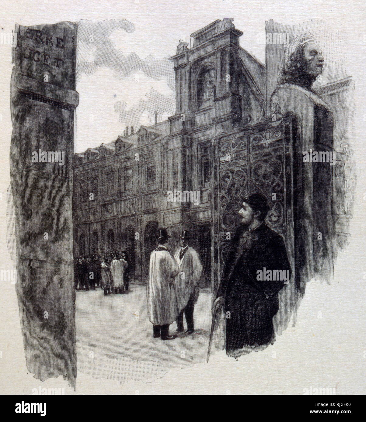 Parisien Idyll' A poor man stares into a university forecourt. France 1894. Illustration by Pierre Vidal Stock Photo