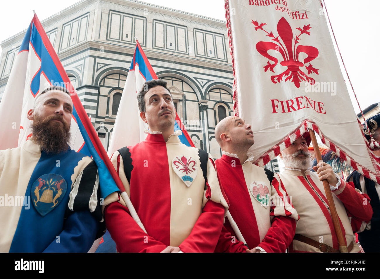 Florentine standard bearer with traditional clothes on the churchyard of Santa Maria del Fiore, during an historical recreation. Stock Photo