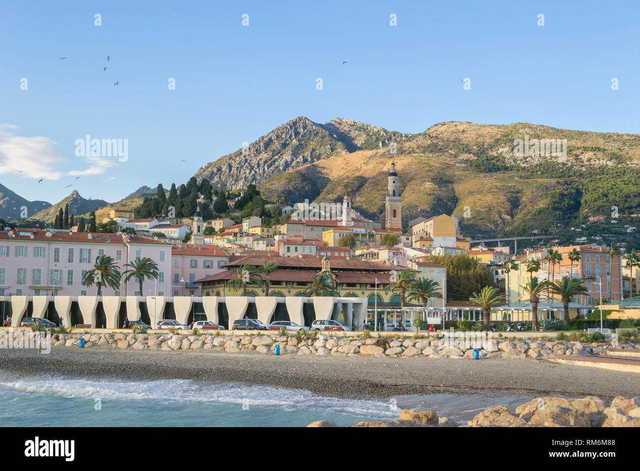 Menton, France - September 17, 2017: Early morning Cityscape of Menton Stock Photo