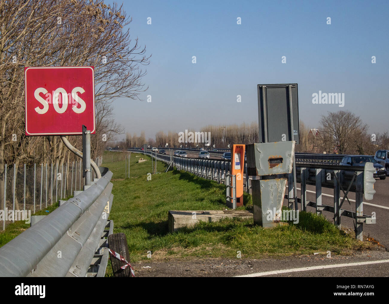 hidden speed detector at an SOS stop area on the highway Stock Photo