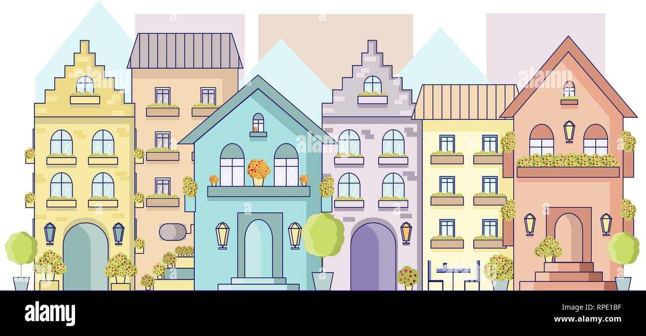 Vector cityscape of old europe street in flat style. View on facades of europe buildings Stock Vector