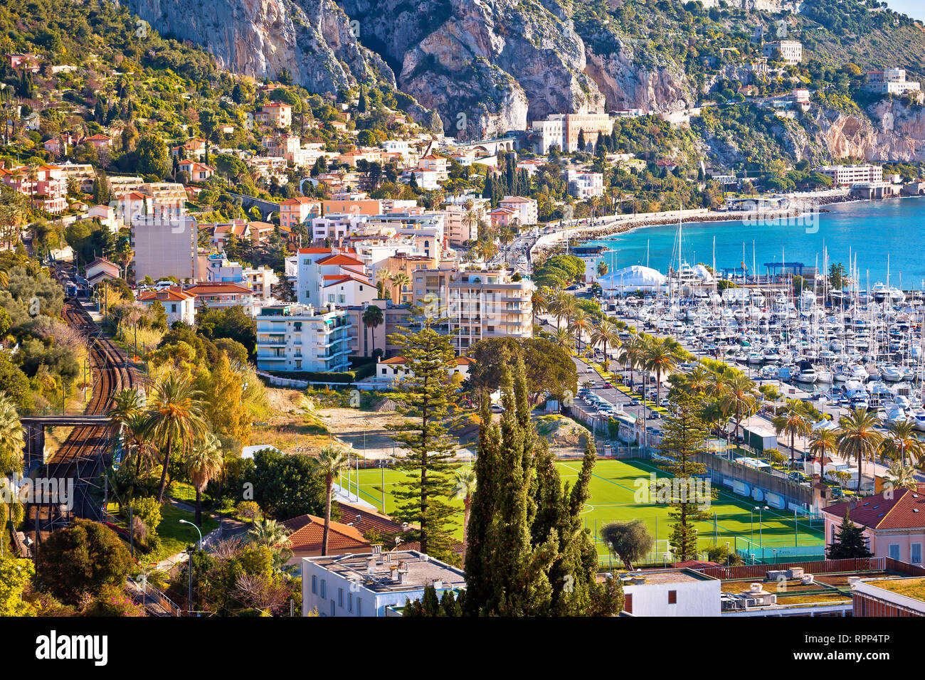 Town of Menton bay and French Italian border on Mediterranean coast view, southern France and Italy Stock Photo