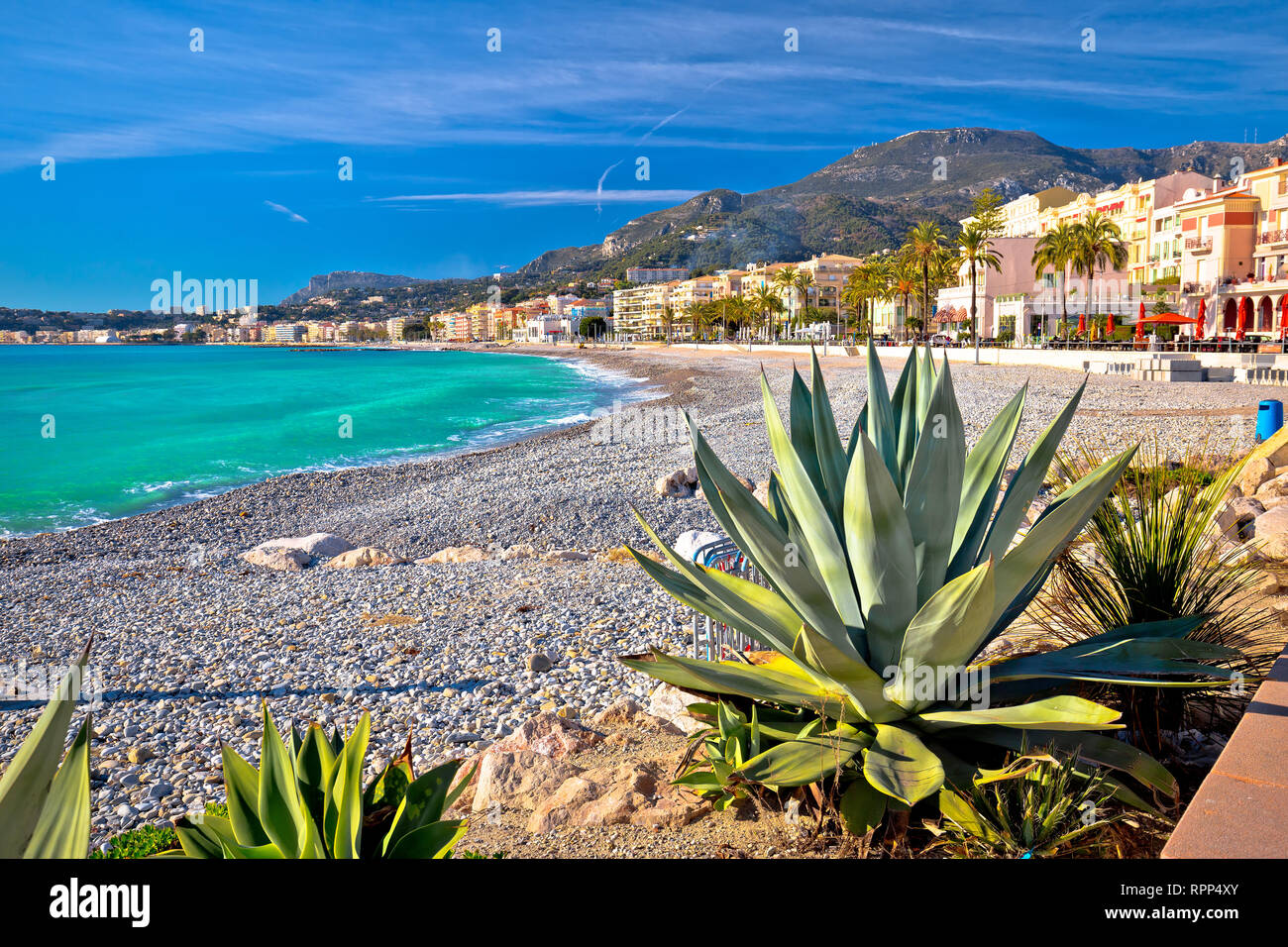 Town of Menton mediterranean beach and waterfront view, southern France Stock Photo