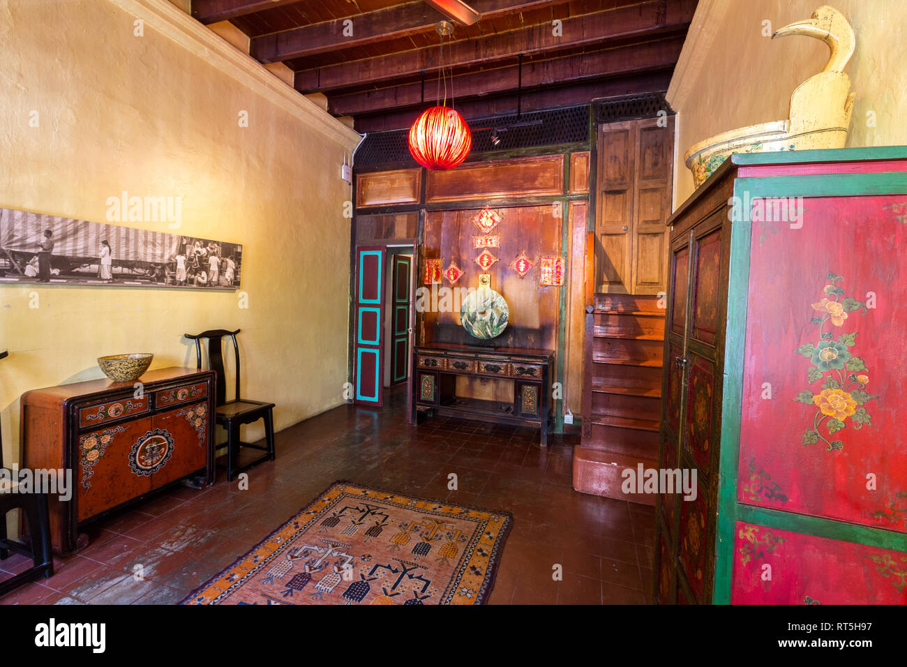 Ground Floor of a Restored Shophouse, Coffee Atelier Boutique Hotel, George Town, Penang, Malaysia. Stock Photo