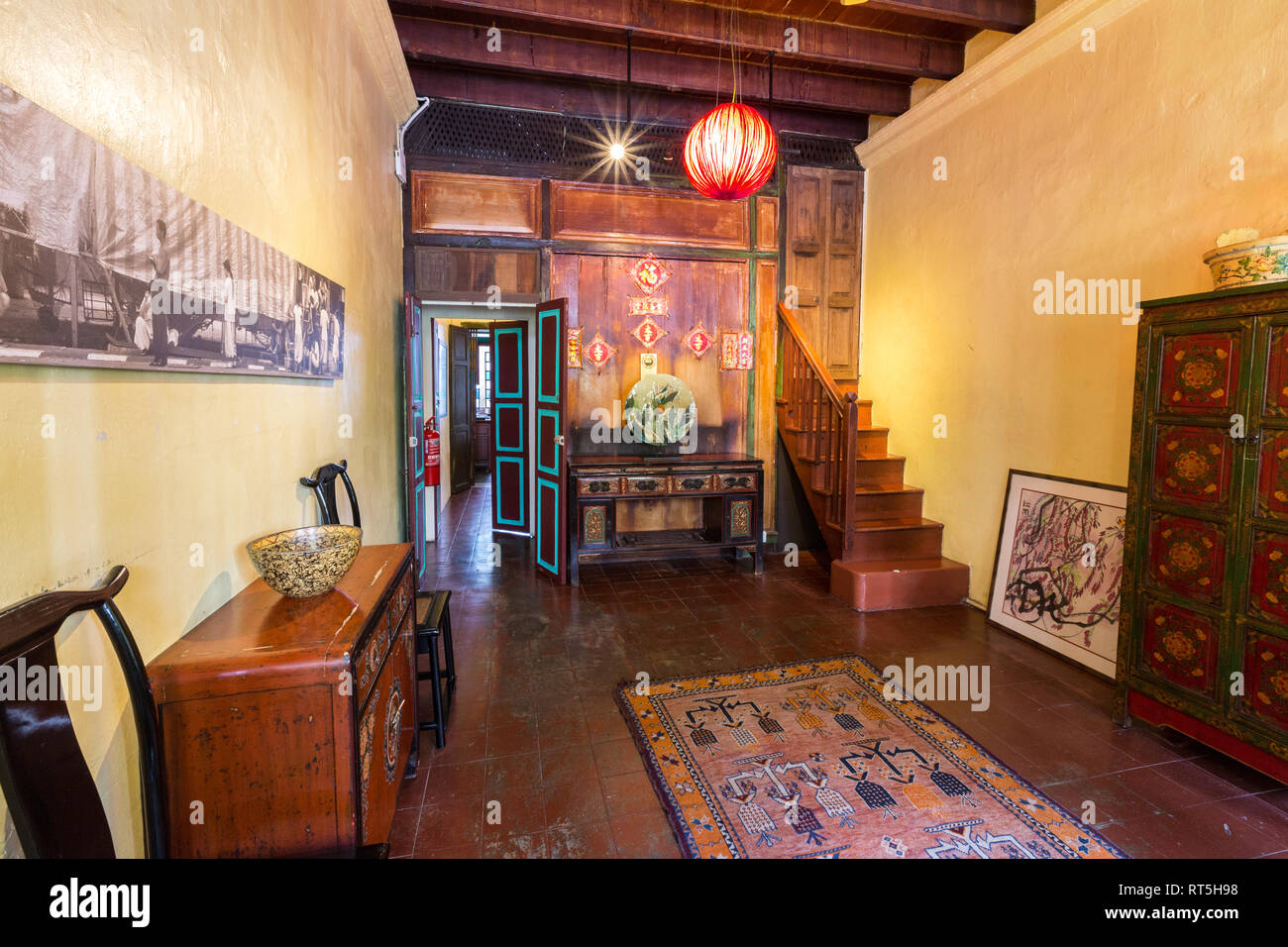 Ground Floor of a Restored Shophouse, Coffee Atelier Boutique Hotel, George Town, Penang, Malaysia. Stock Photo