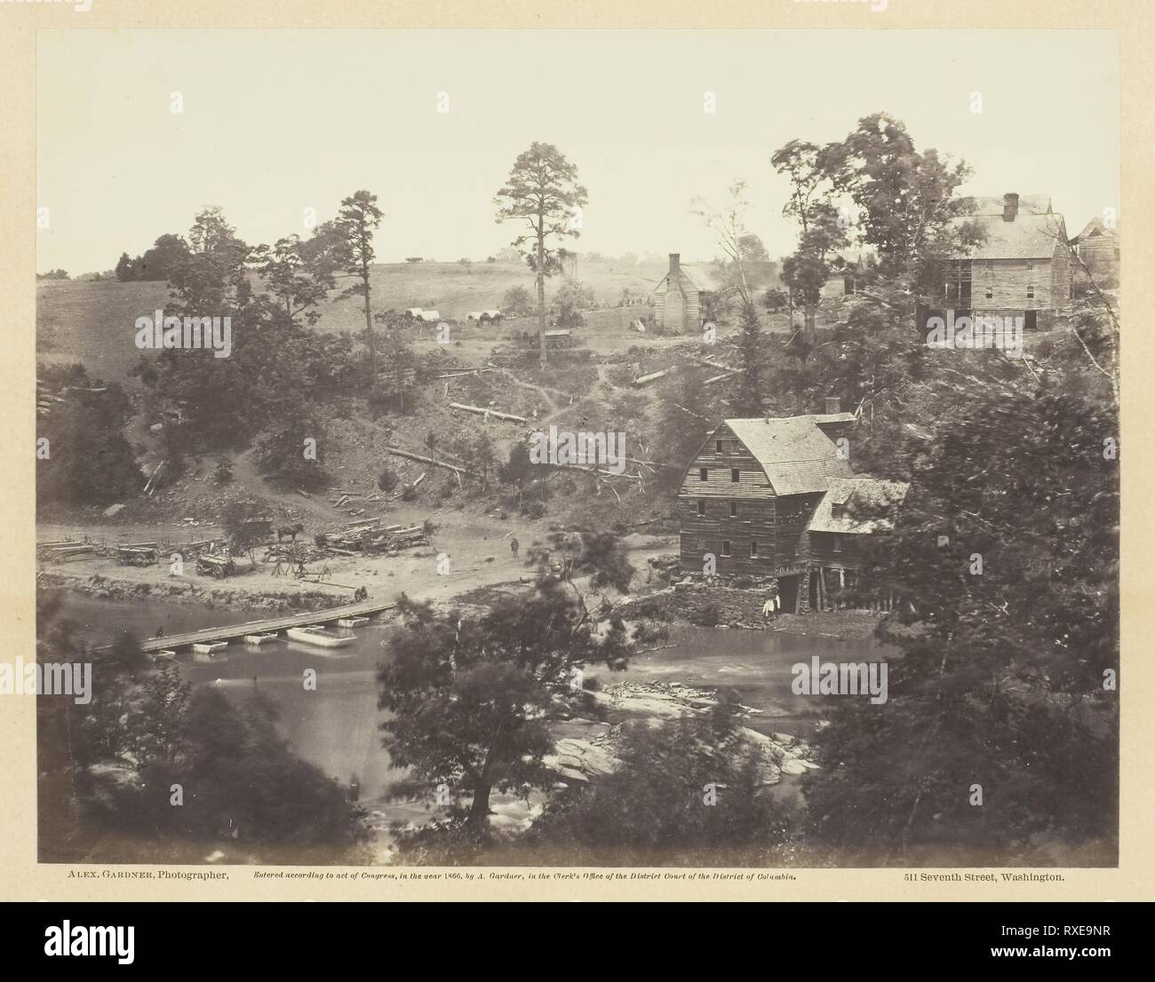 Jericho Mills, North Anna, Virginia. Alexander Gardner; American, born Scotland, 1821-1882. Date: 1864. Dimensions: 17.7 x 22.9 cm (image/paper); 31.2 x 44.7 cm (album page). Albumen print, pl. 65 from the album 'Gardner's Photographic Sketch Book of the War, Volume II' (1866). Origin: United States. Museum: The Chicago Art Institute. Stock Photo