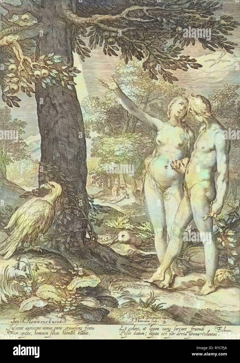 Adam and Eve before the Tree of Knowledge of Good and Evil, print maker: Jan Saenredam, Abraham Bloemaert, Isack Houwens, 1604 and/or 1690 - 1750 Stock Photo