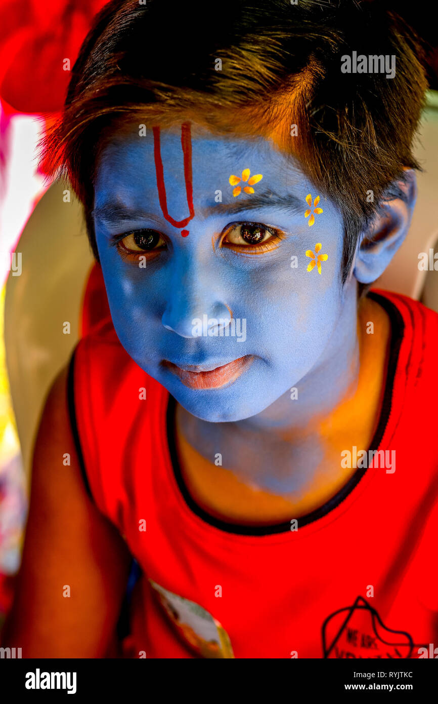 Make-up at Janmashtami hindu festival, Watford, U.K. Stock Photo