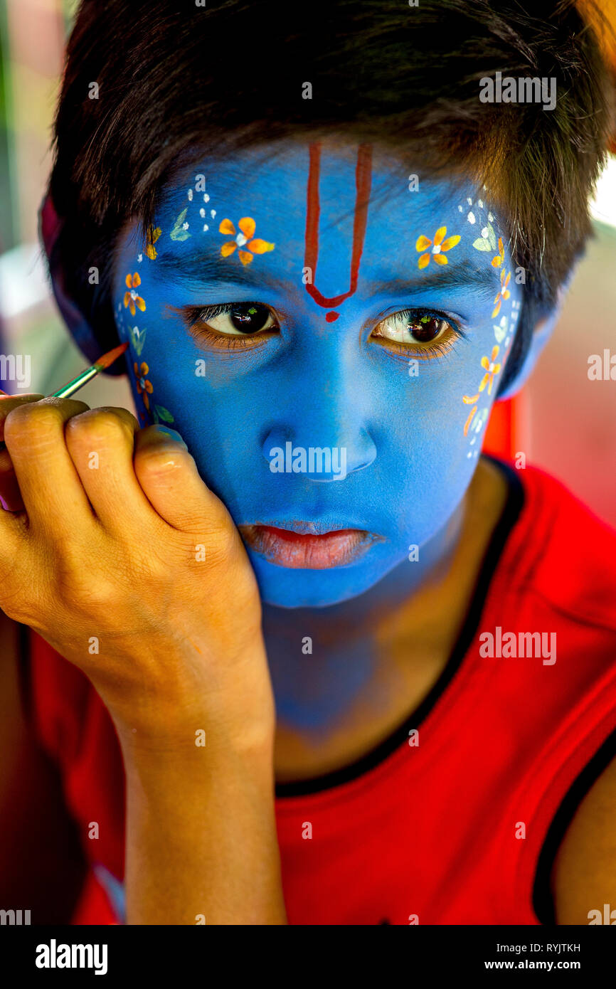 Make-up at Janmashtami hindu festival, Watford, U.K. Stock Photo