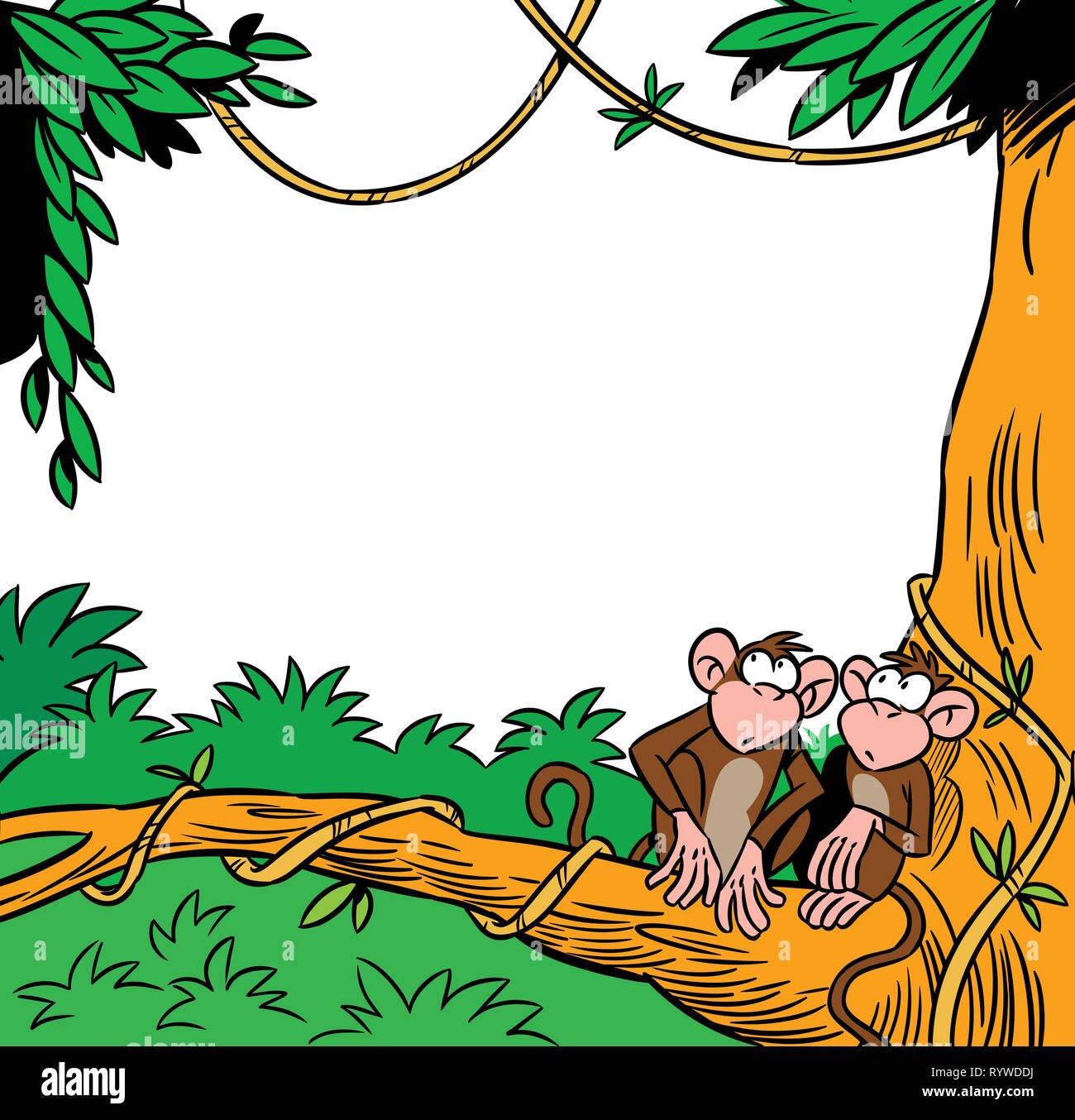 The illustration shows two funny monkey sitting on a tree against the background of the jungle. There is a place for text, done in cartoon style Stock Vector