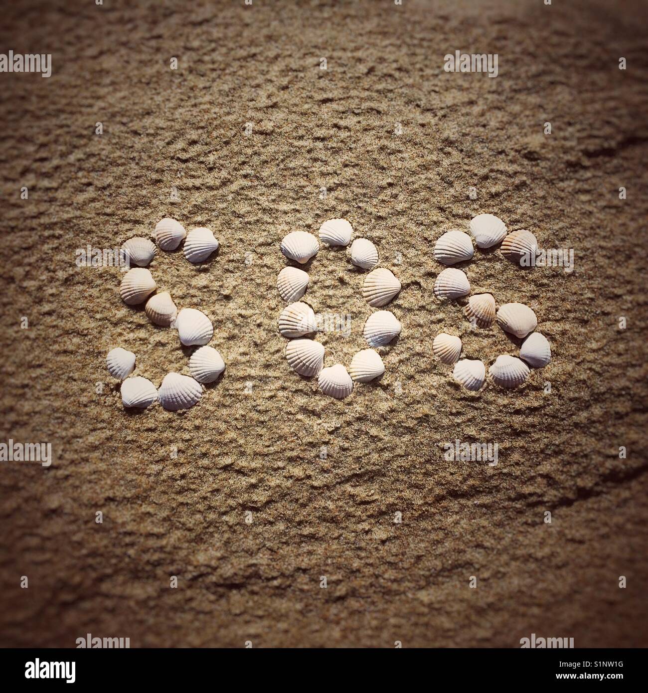 SOS word made from shells on a beach Stock Photo