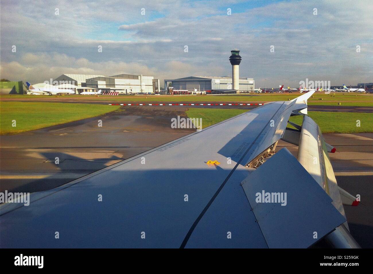 Landing at Manchester Airport, UK Stock Photo