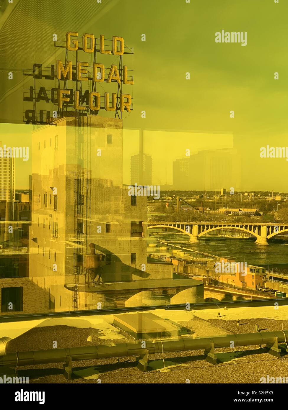 View of the gold medal flour building from the amber floor of the Guthrie Theater in Minneapolis Minnesota December 2018 Stock Photo