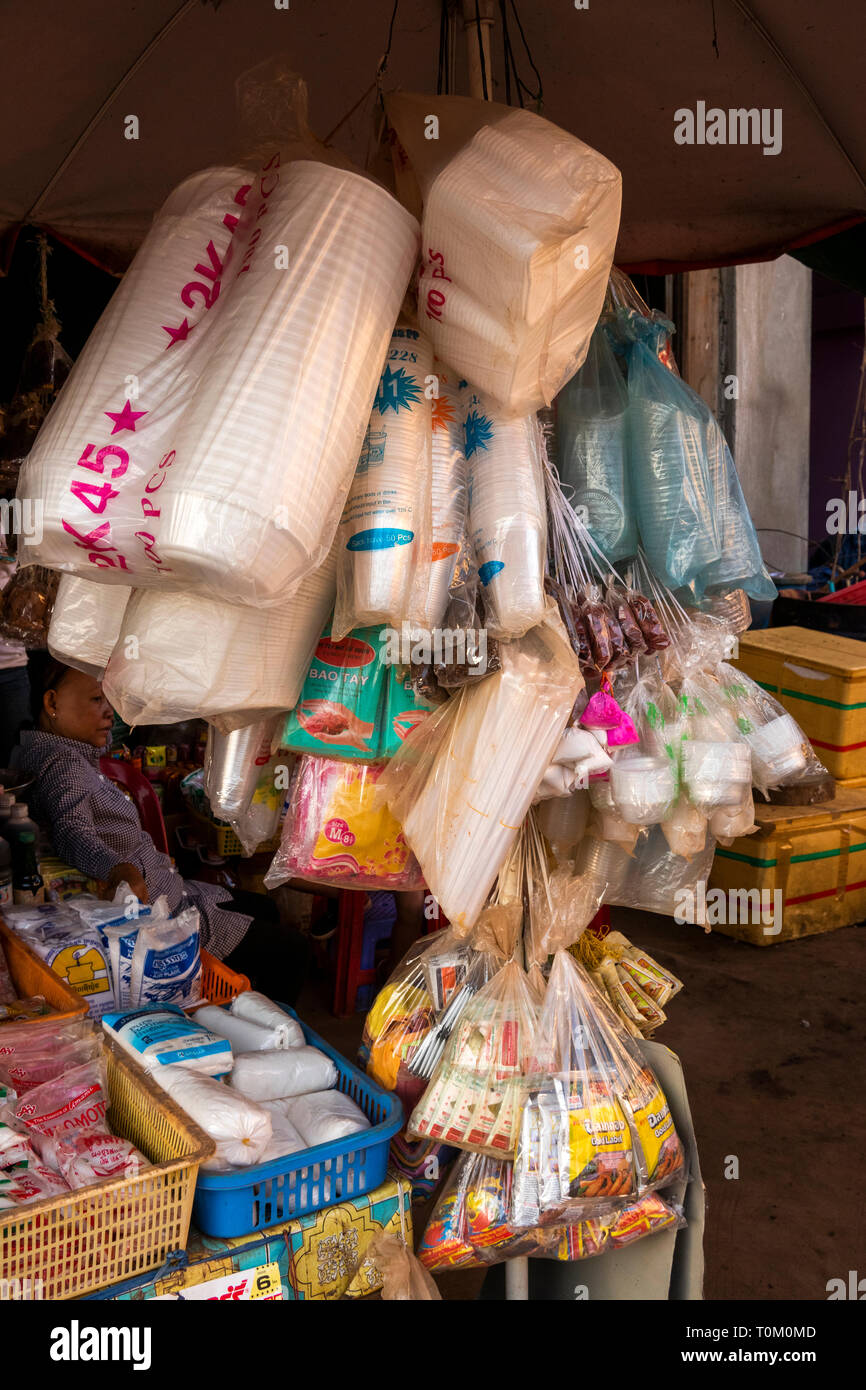 Cambodia, Mondulkiri Province, Sen Monorom, Psar, market stall selling plastic goods Stock Photo