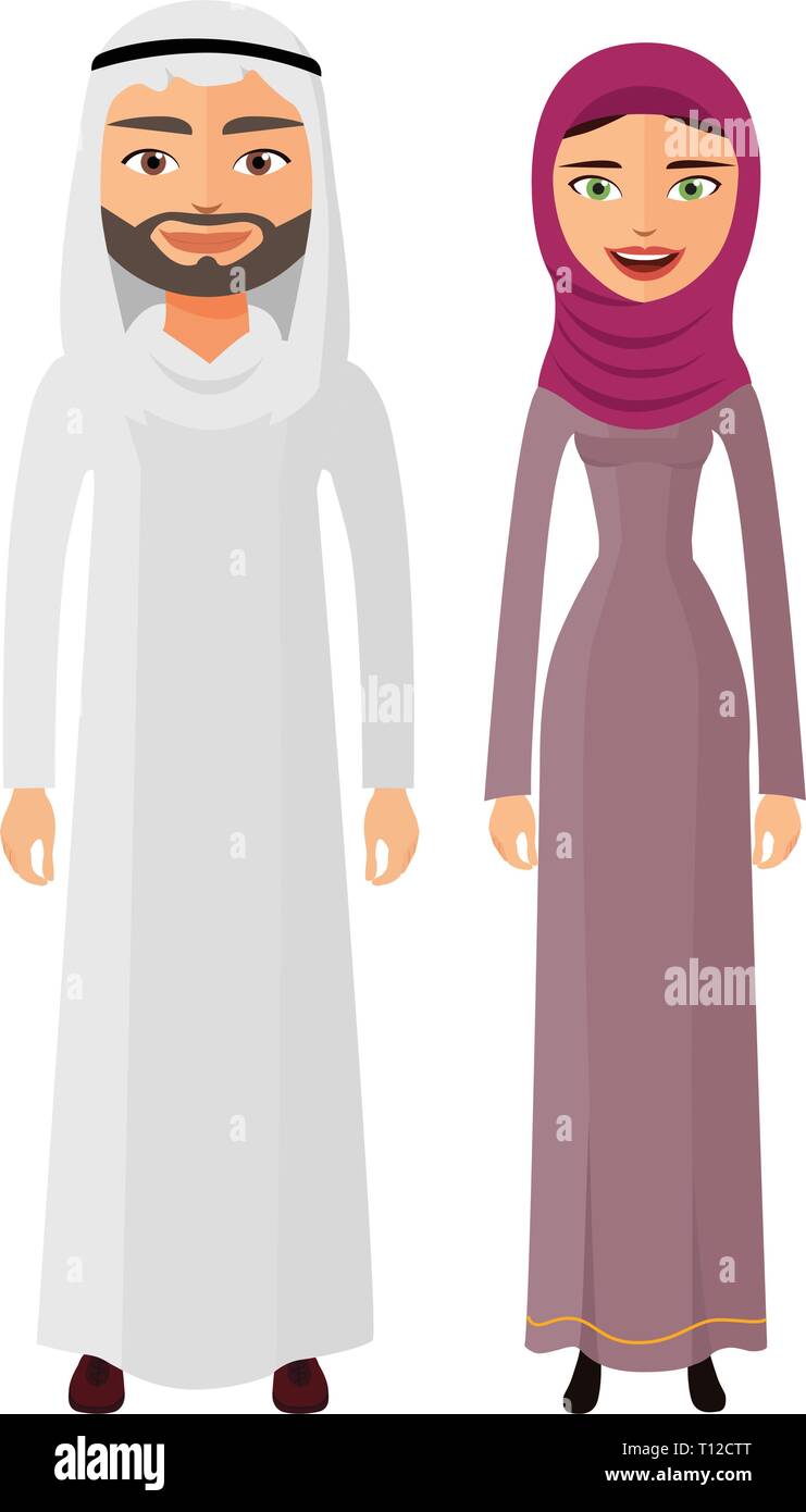 Arab couple man and woman together happy in traditional national clothes dress costume vector isolated Stock Vector