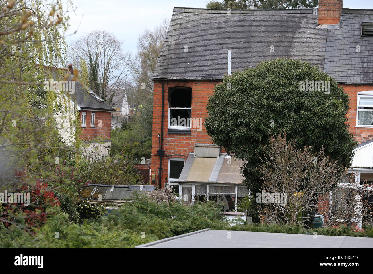 The scene of a house fire on Church Road in the village of Kirkby Muxloe, near Leicester. Stock Photo