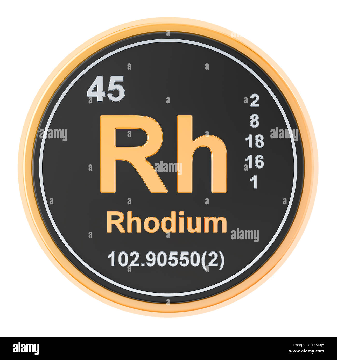 Rhodium Rh chemical element, 3D rendering isolated on white background Stock Photo