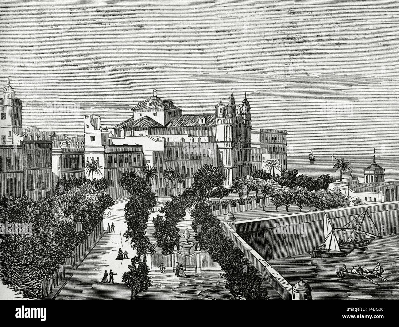 Spain, Andalusia, Cadiz. Alameda avenue of Marquis of Comillas and Baroque Church of El Carmen. Engraving. Cronica General de España, Historia Ilustrada y Descriptiva de sus Provincias. Andalucia, 1867. Stock Photo