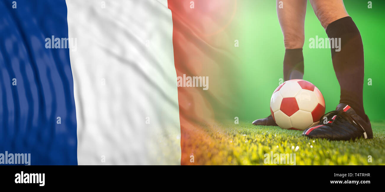 Women football, France. A soccer ball on the grass, female legs and a french flag. 3d illustration Stock Photo