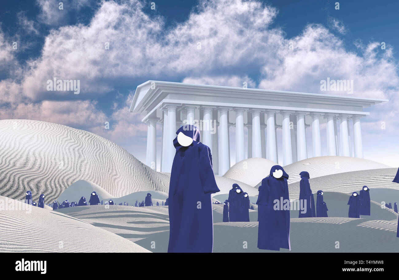 Surreal desert, Faceless pilgrims in cloaks, White Temple on a horizon. Stock Photo