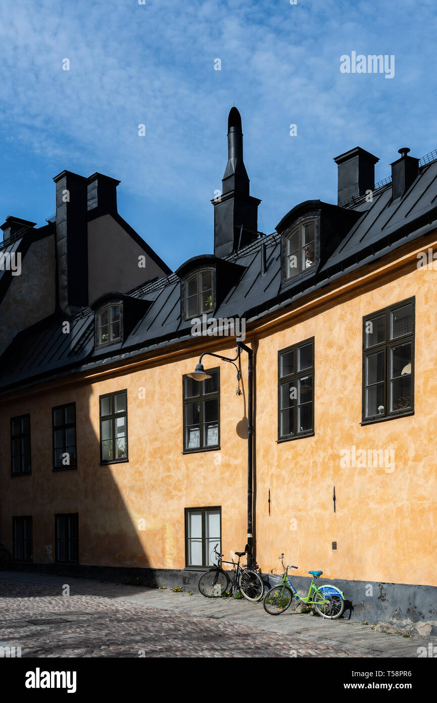 Bikes on a sunny day in Södermalm, Stockholm. Stock Photo