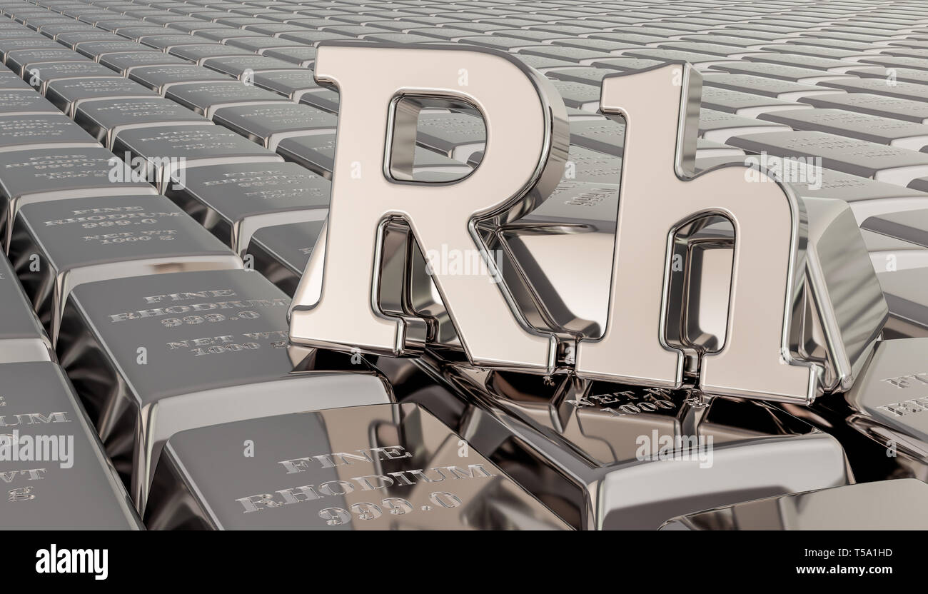 Rhodium ingots background with Rh symbol. 3D rendering Stock Photo