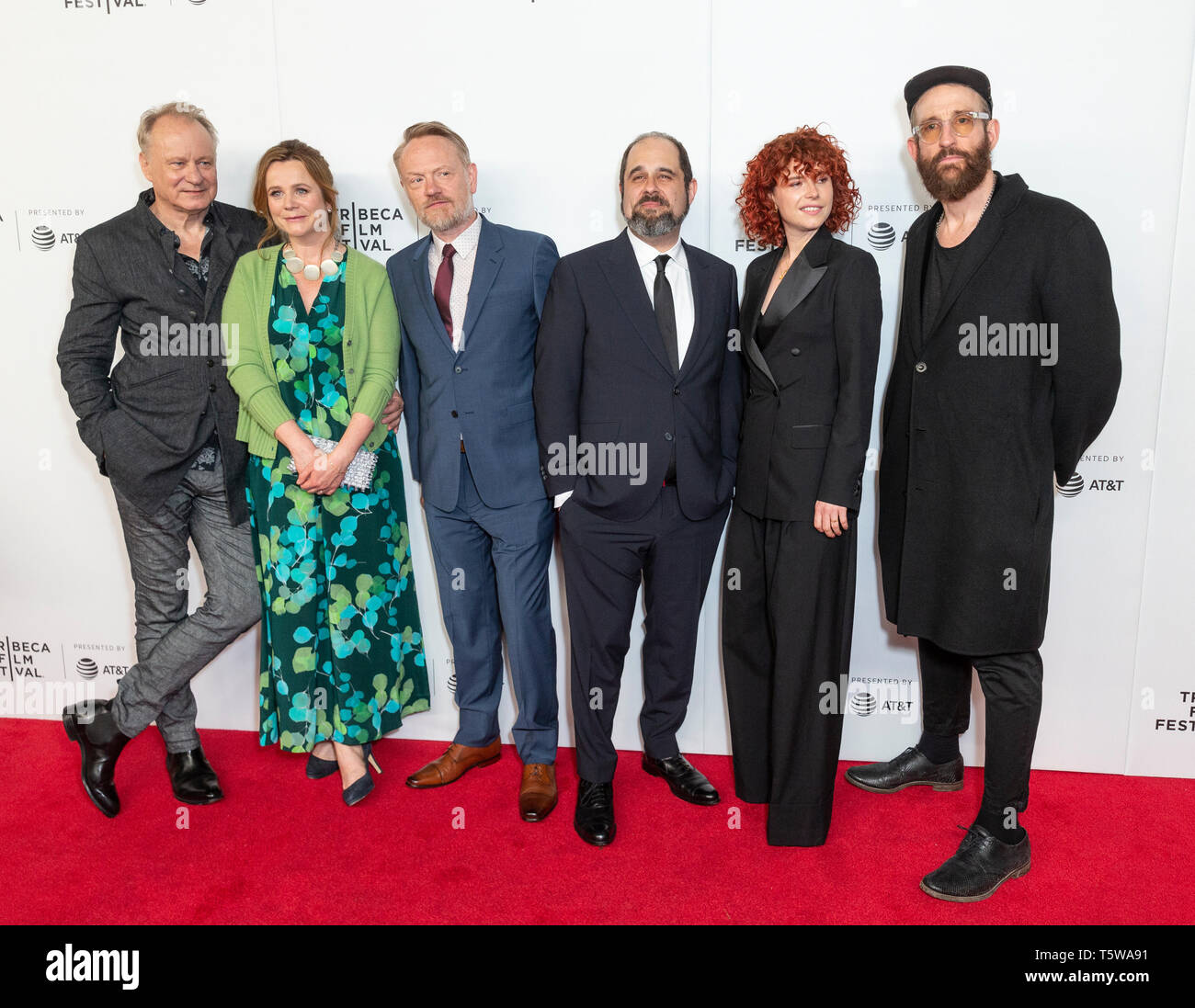 New York, NY - April 26, 2019: Stellan Skarsgard, Emily Watson, Jared Harris, Craig Mazin, Jessie Buckley, Johan Renck attend Tribeca TV: Chernobyl at Tribeca Film Festival at Spring Studio Stock Photo