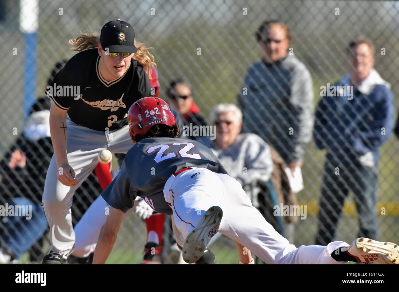 After eluding a rundown, a player scored with a head-first slide at the plate. USA. Stock Photo