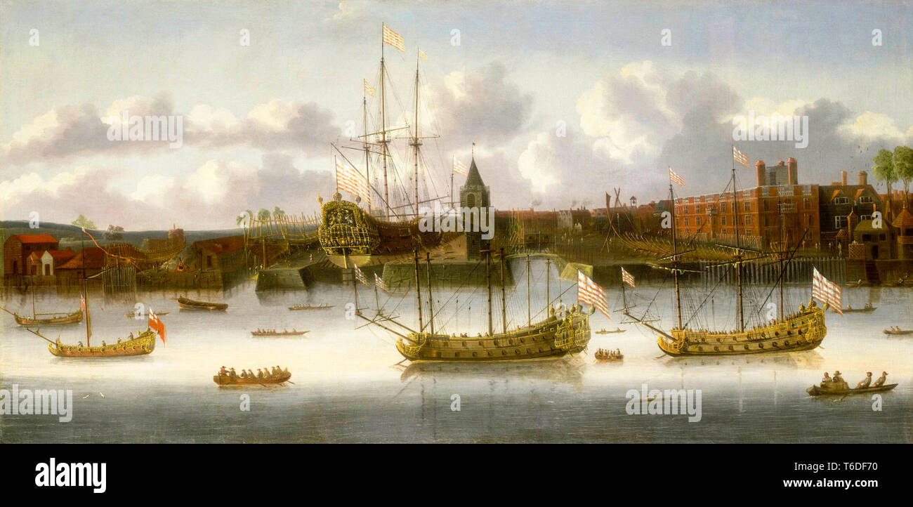 East India Company's Yard at Deptford, East India Company ships at Deptford, painting, English School, circa 1683 Stock Photo