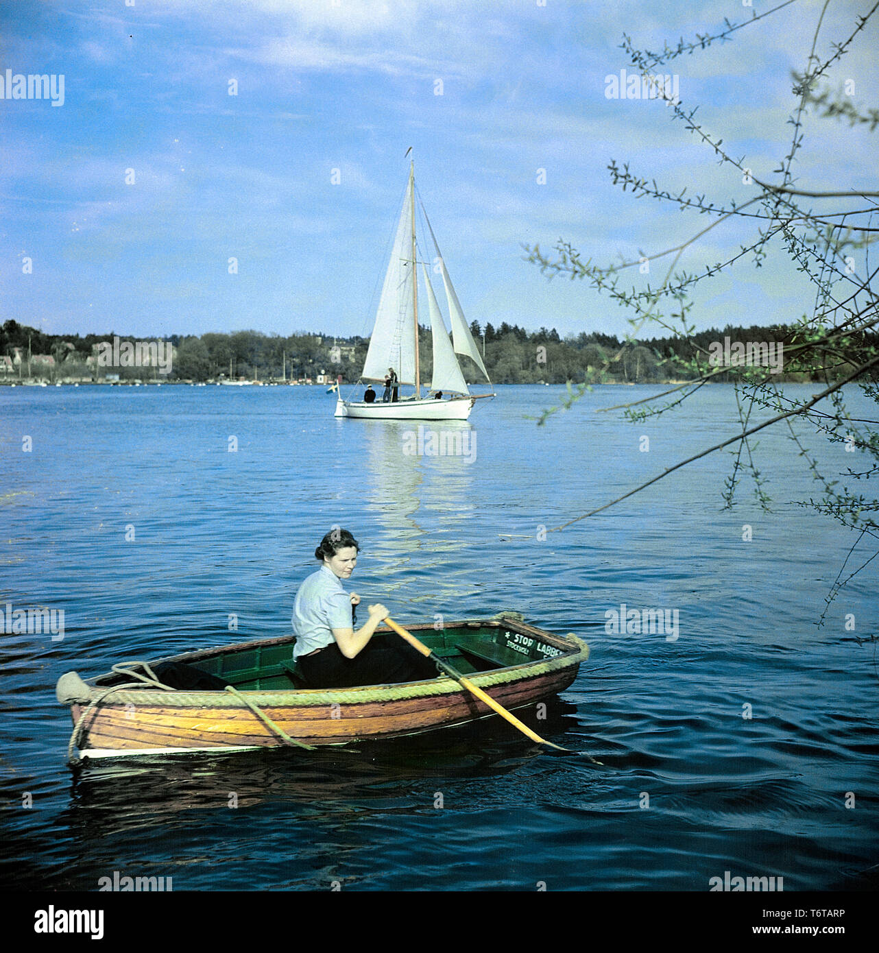 1950s lifestyle. A woman rows a small wooden boat. In the background a sailing boat with it's sails up. Sweden 1950s ref BV88-4 Stock Photo