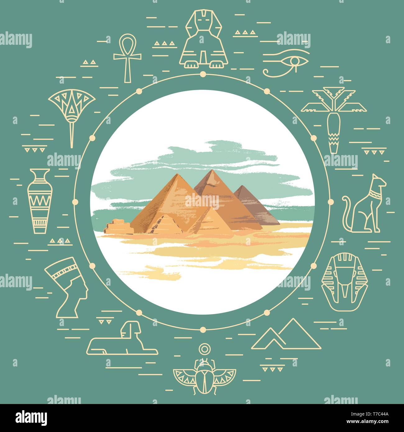 Colorful vector illustration of the pyramid of Giza, Egypt hand-drawn and landmarks icons Stock Vector