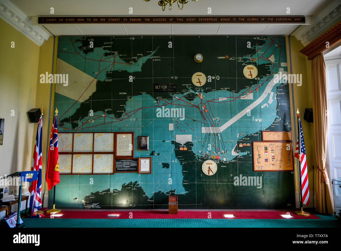 The huge wall map in the map room at Southwick House, Southwick Park, Portsmouth, which was the nerve centre of planning for the Normandy landings and the headquarters of General Dwight D. Eisenhower during the D-Day operation. Stock Photo