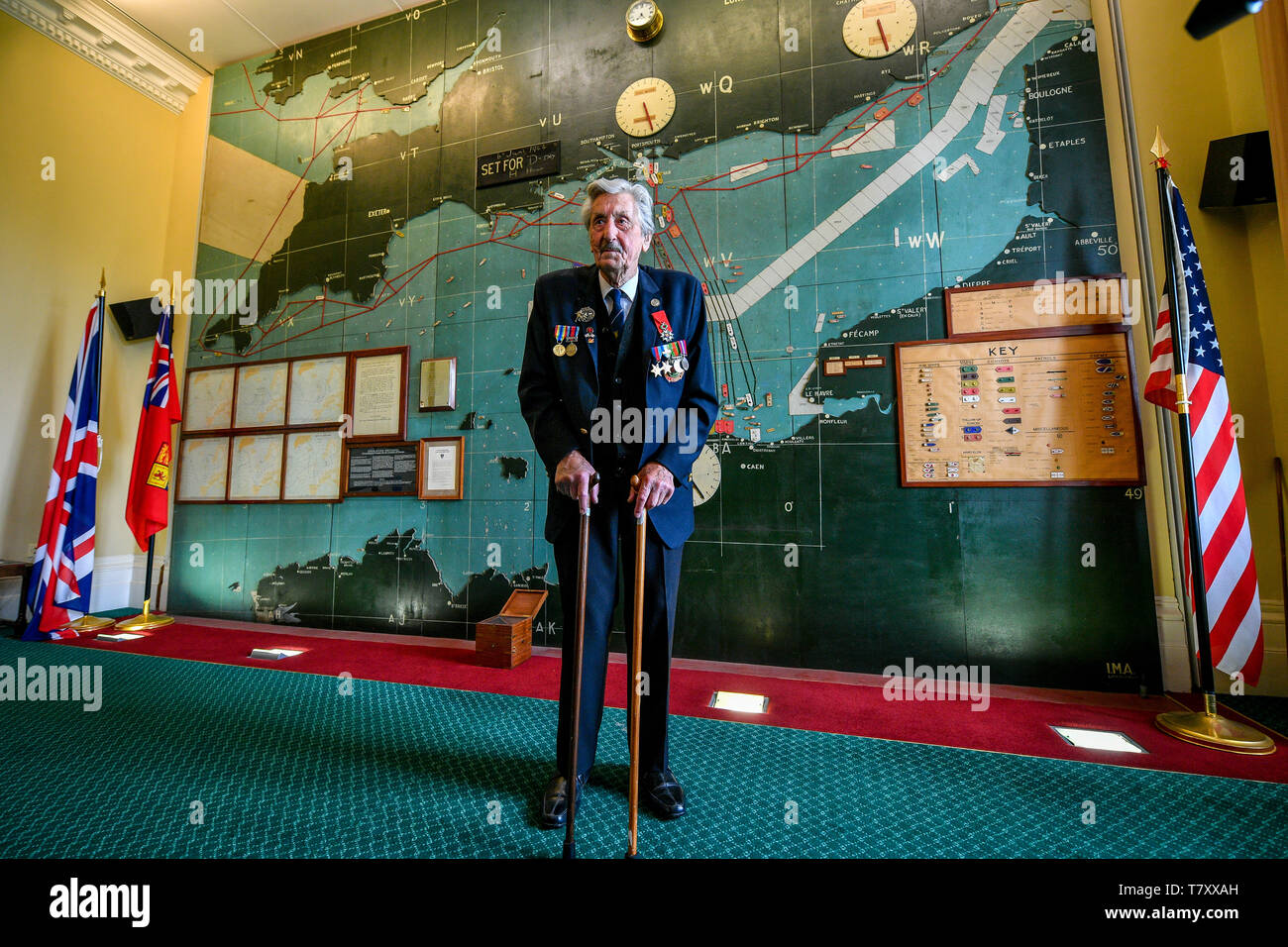 Leonard 'Ted' Emmings, 95, in the map room at Southwick House, Southwick Park, Portsmouth, which was the nerve centre of planning for the Normandy landings and the headquarters of General Dwight D. Eisenhower during the D-Day operation. Stock Photo