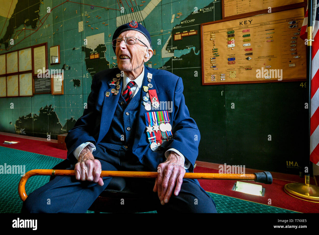 Veteran Percy Lewis, 96, in the map room at Southwick House, Southwick Park, Portsmouth, which was the nerve centre of planning for the Normandy landings and the headquarters of General Dwight D. Eisenhower during the D-Day operation. Stock Photo