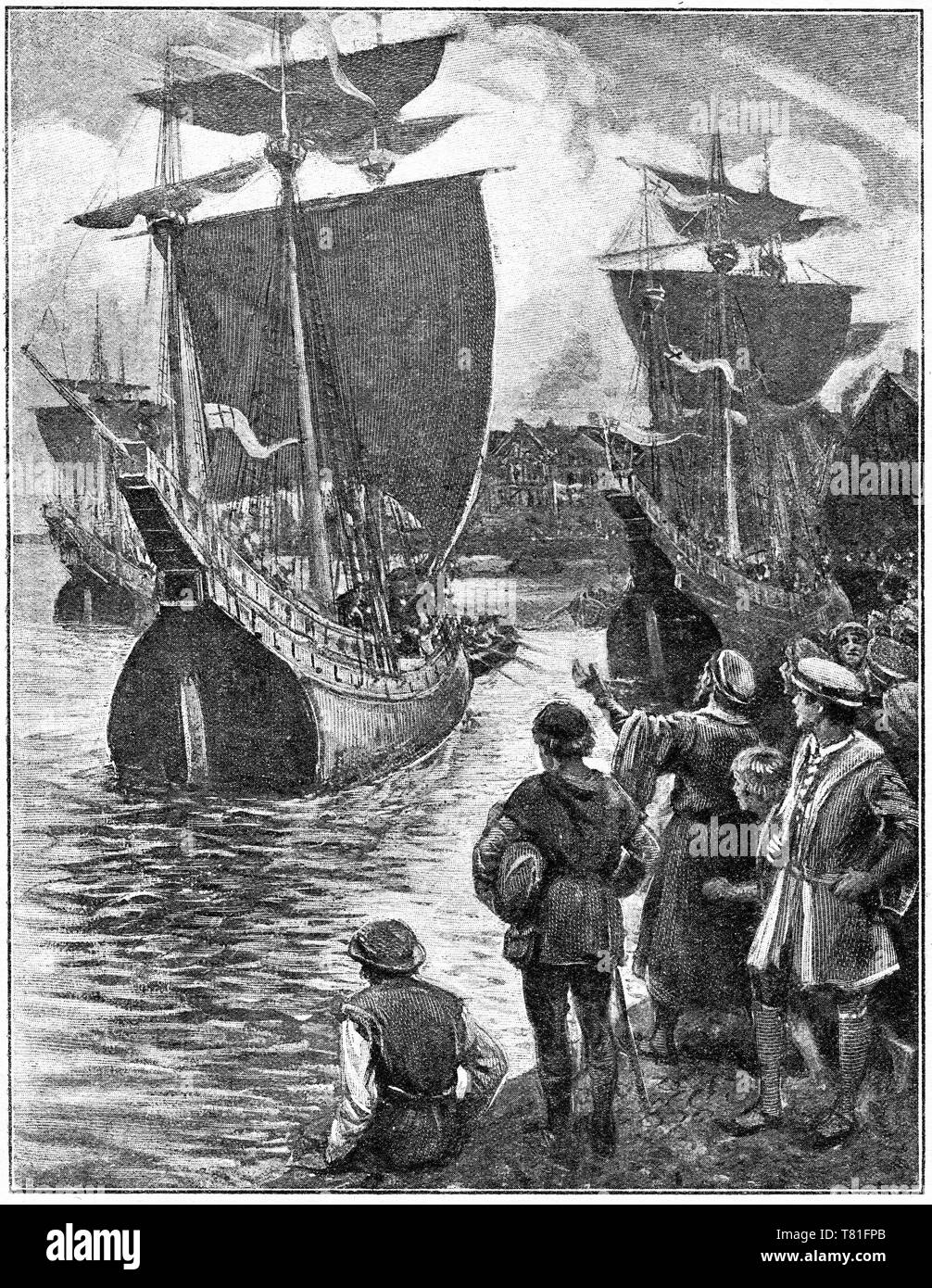 halftone of a crowd saying farewell to a sailing ship. From Chatterbox magazine, 1917 Stock Photo