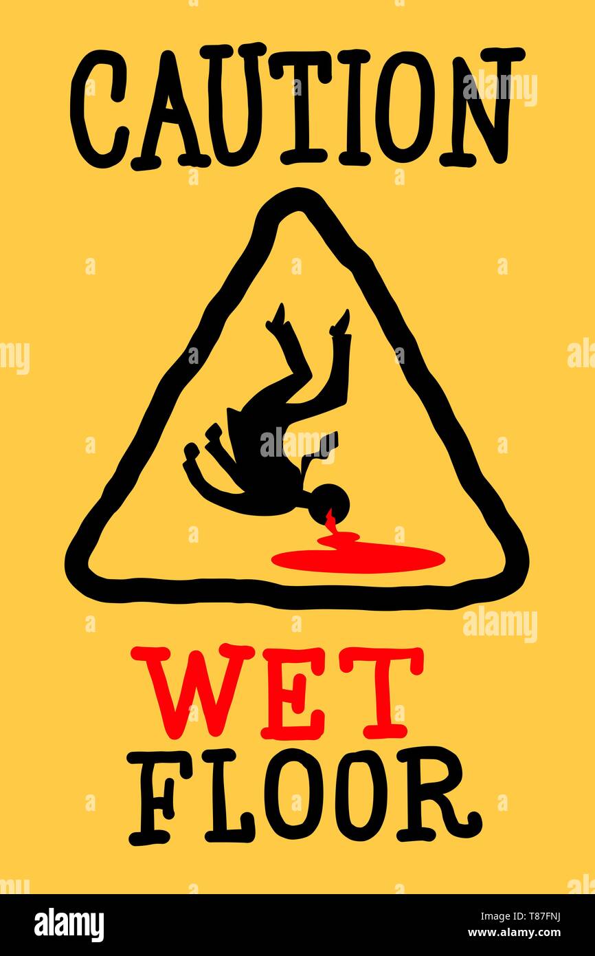 caution wet floor. Comic cartoon pop art retro drawing illustration Stock Vector