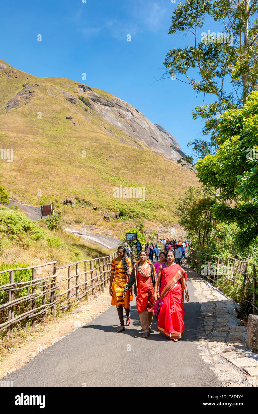 Vertical view of a group of people dressed in sarees walking along a trail in Eravikulam National Park in Munnar, India. Stock Photo